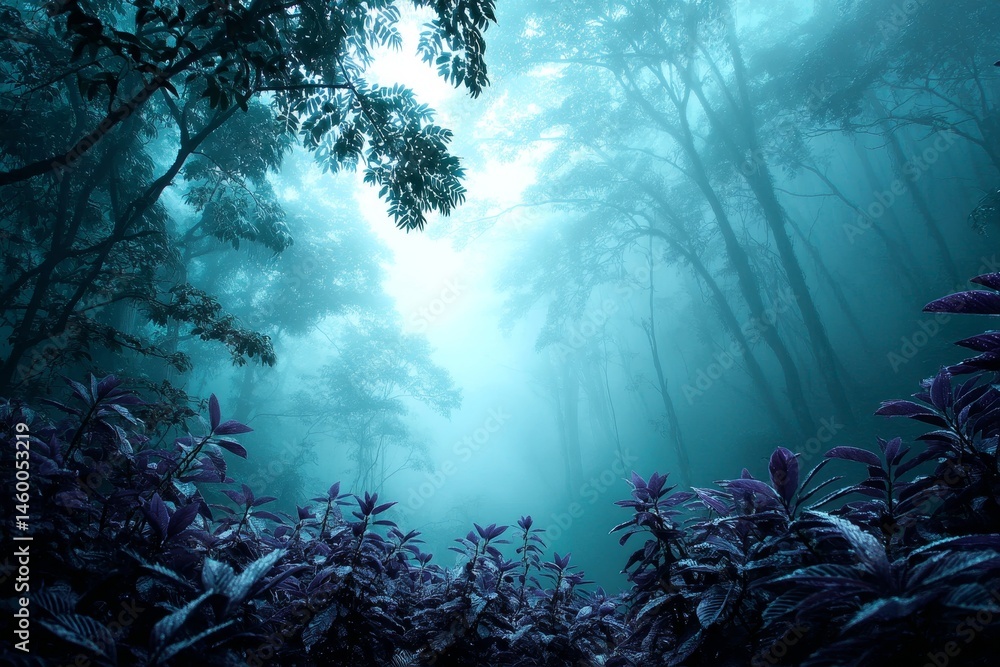 Mystical Foggy Forest Path - Serene path through a misty forest, bathed in an ethereal teal light. Purple foliage lines the way, creating a magical atmosphere Mystical Foggy Forest Path - Serene path through a misty forest, bathed in an ethereal teal light. Purple foliage lines the way, creating a magical atmosphere