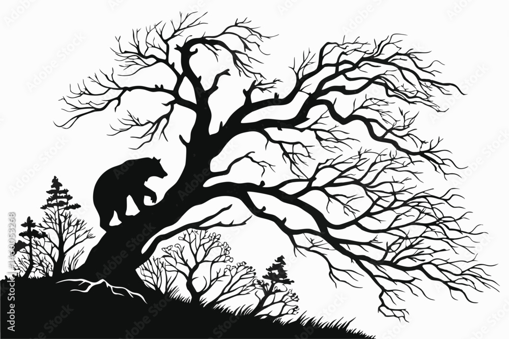 63 Silhouette of bear climbing tree, intricate bare branches, twisted gnarled tree trunk, black and white illustration, high contrast, Gothic style, dramatic composition, nature art, wildlife silhouet 63 Silhouette of bear climbing tree, intricate bare branches, twisted gnarled tree trunk, black and white illustration, high contrast, Gothic style, dramatic composition, nature art, wildlife silhouet