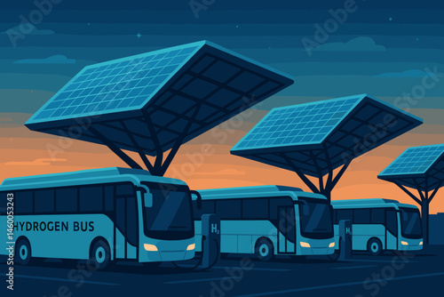 The image shows a flat clean-transit setting with buses powered by hydrogen, a blue canopy of photovoltaic panels, and a sky at dusk