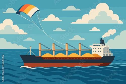 The image shows a flat clean-shipping setting that includes a kite wing, a bulk deck, and blue waves