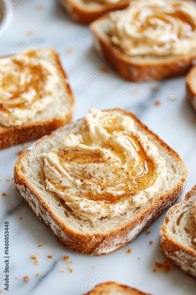 Slices of toasted bread topped with whipped cinnamon honey butter swirled in rich creamy texture
Slices of toasted bread topped with whipped cinnamon honey butter swirled in rich creamy texture