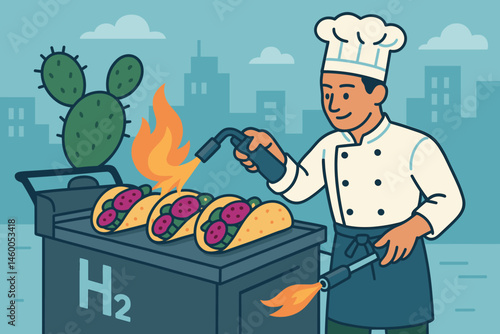 The desert-cuisine scene is flat, featuring cactus tortillas, a blue flame ring, and a crowd gathered around a food truck
