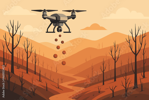 The scene depicts a flat area of reforestation with scattered drones, clay balls, and charred soil