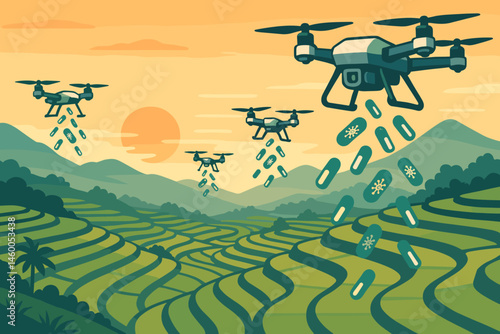 The ag-tech landscape is flat and features drones, capsule mist, and emerald terraces