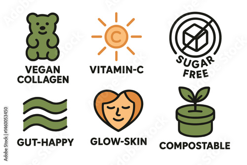 Icons that represent functional snacks are combining the images of a bear, spark, badge, wave, heart, and lid