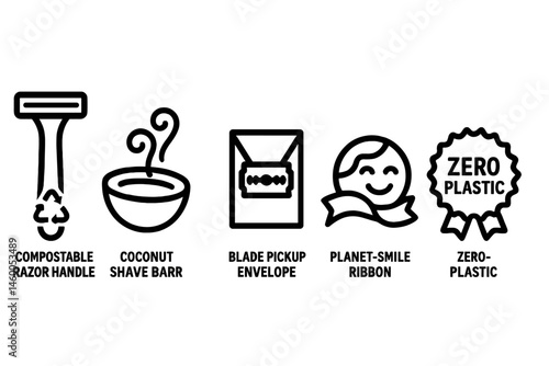 The merging of groom-eco icons includes a handle, swirl, envelope, ribbon, and badge