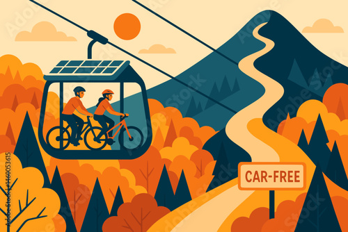 The scene depicts a flat area with eco-friendly transportation options, including cabins powered by photovoltaics, bicycles, and a canopy that is orange in color