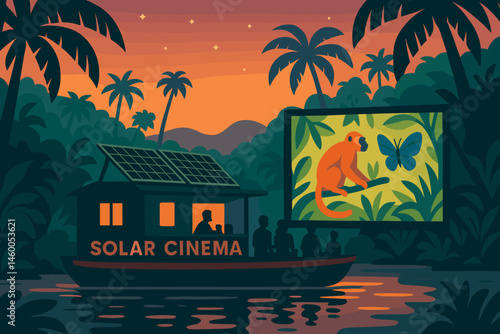 The scene is a flat leisure area with a green landscape, a deck with photovoltaic panels, a large screen, and fireflies