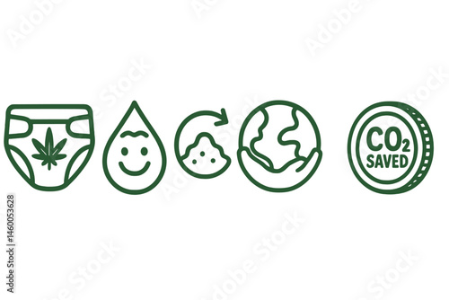 Icons representing eco-friendly diapers are formed by combining symbols of a diaper, a droplet, an arrow, a badge, and a coin