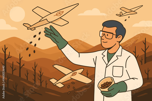 Flat terrain is shown with a reforestation scene that includes glider wings, seed pods, and slopes that have been charred