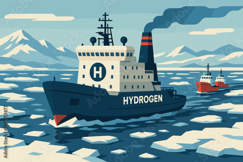 The shipping scene is flat and clean, with a prominent H₂ icebreaker, supply ships, and numerous ice floes