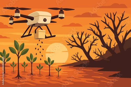 Restoration technology has transformed a flat scene, which now includes drones releasing seed pods, newly planted mangrove saplings, and a vibrant orange sky