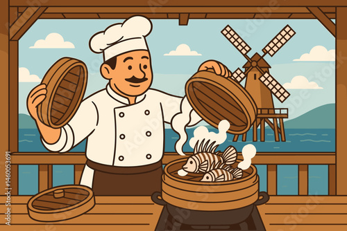 The cuisine scene of flat reef aid features bamboo steamers, a turbine mast, and an ocean horizon