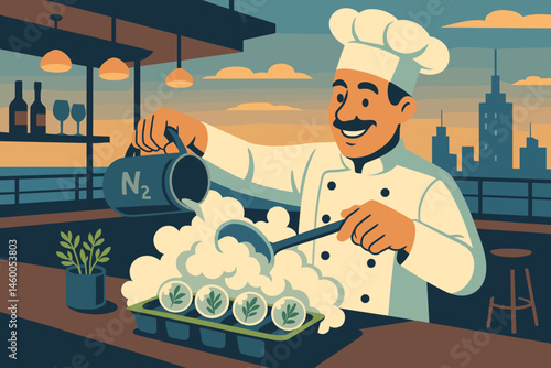 The mixology-tech scene is flat, featuring LN₂ mist, herb spheres, and a skyline view