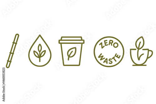 Icons for Café-eco that include a stirrer, a drop, a cup, a badge, and a logo