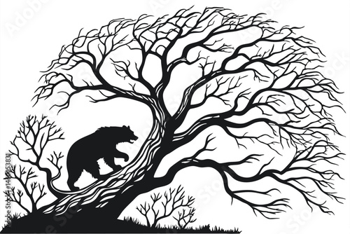 63 Silhouette of bear climbing tree, intricate bare branches, twisted gnarled tree trunk, black and white illustration, high contrast, Gothic style, dramatic composition, nature art, wildlife silhouet