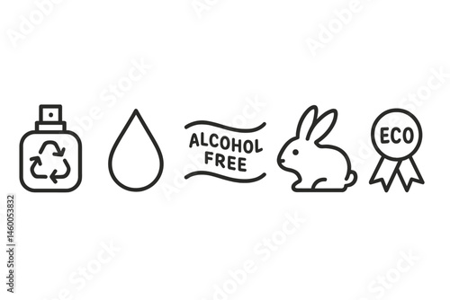 Icons for eco-friendly perfumes include a bottle, a droplet, a wave, a bunny, and a ribbon