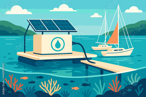 The scene is set with a flat blue-tech backdrop, incorporating PV shade, refill taps, and sailboats