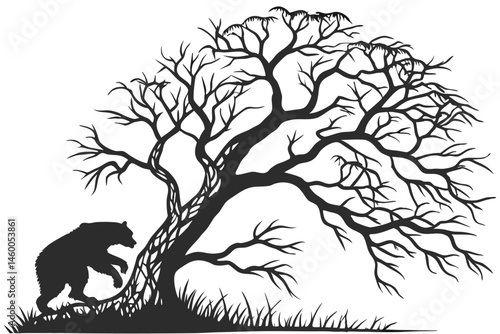 63 Silhouette of bear climbing tree, intricate bare branches, twisted gnarled tree trunk, black and white illustration, high contrast, Gothic style, dramatic composition, nature art, wildlife silhouet