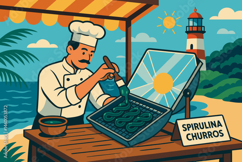 The scene features a flat landscape with a dessert, green churros, a glass that resembles the sun, and a lighthouse