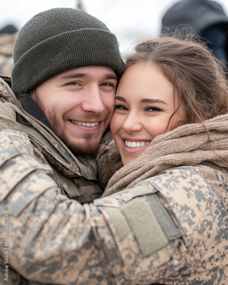 Happy soldier in camouflage uniform embracing smiling woman in cold outdoor setting
Happy soldier in camouflage uniform embracing smiling woman in cold outdoor setting