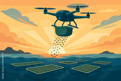 The scene features a flat reef-tech landscape accompanied by a drone, kelp mesh, and an orange horizon