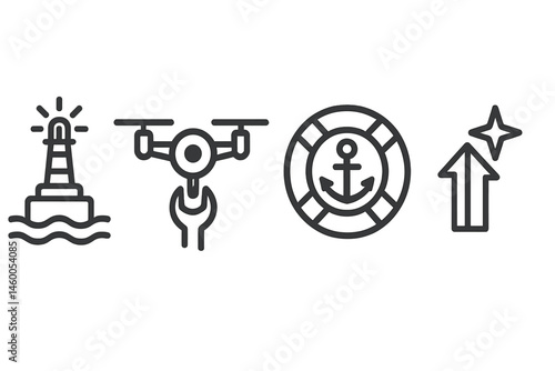 Icons of buoy technology are represented by images of a lamp, a spanner, a ring, and a spark