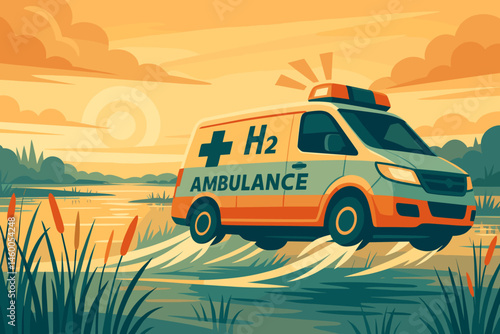 The scene depicts a flat medical mobility setting accompanied by a hover wake, H₂ tanks, and a pink sky