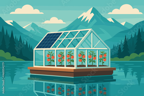 The ag-tech landscape is flat and features PV rafts, tomato vines, and snowy peaks