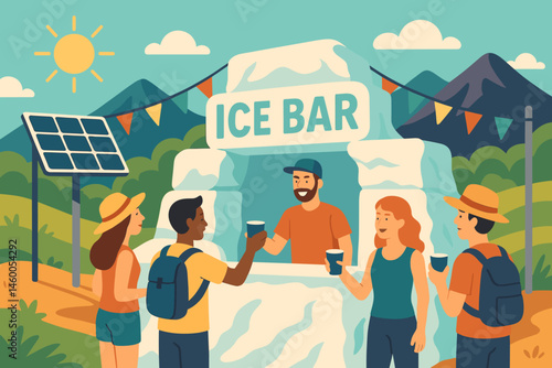 The scene is flat and features cool technology, including snow blocks, PV chillers, and flags from a festival