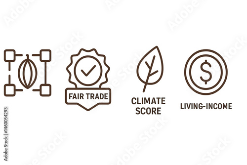 Icons that include traces of cocoa are merging with a chip, badge, leaf, and coin