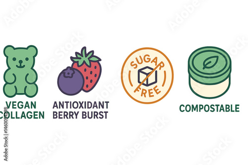 Icons representing gummy health are combining bear, burst, badge, and lid