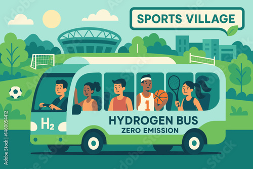 The scene depicts a flat landscape of sport mobility featuring a hydrogen bus, a crowd of athletes, and banners in a stadium