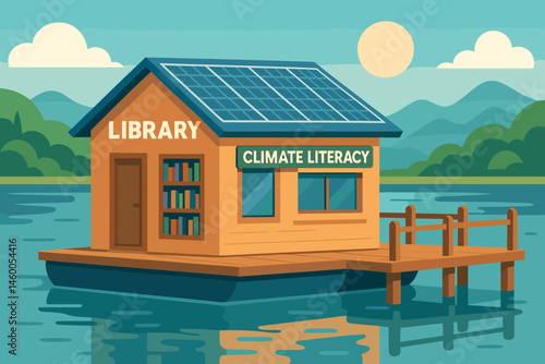 A serene landscape featuring green spaces, photovoltaic panels, bookshelves, and peaceful water