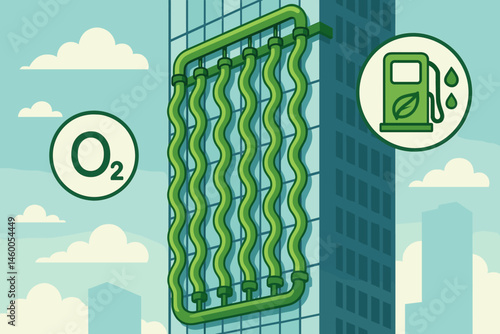 Scene of eco-architecture with flat landscape, featuring green reactor tubes, a city skyline, and reflections of sunlight