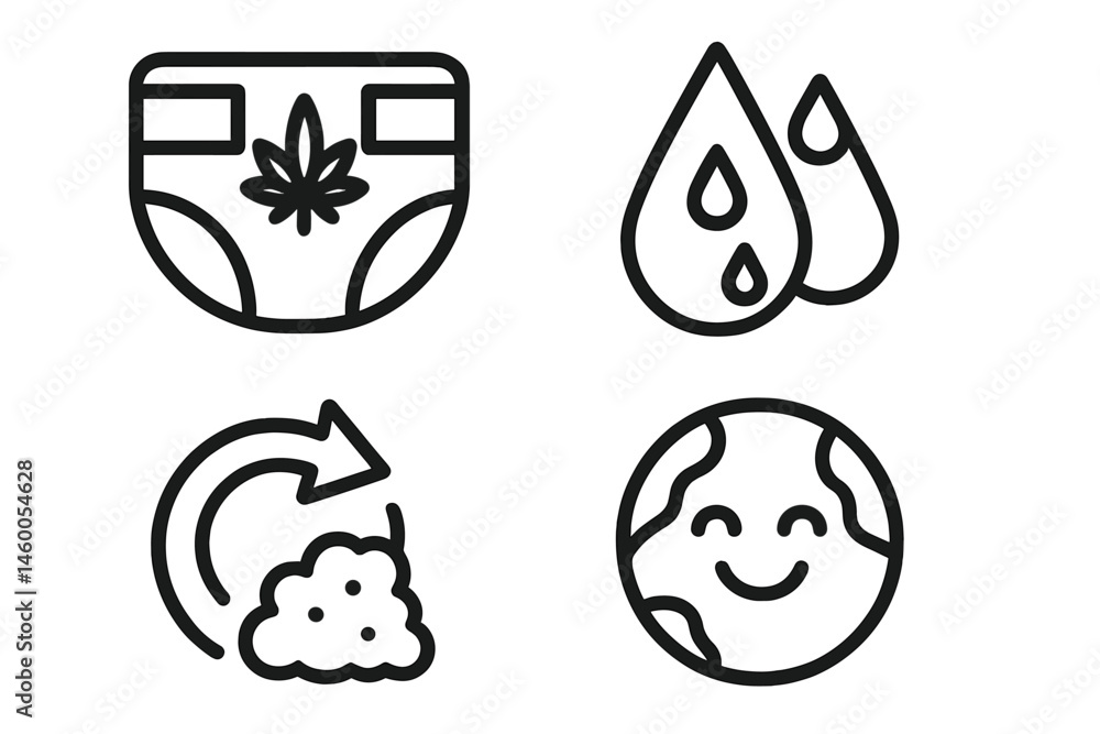 Obraz premium Icons representing eco-friendly diapers are formed by combining symbols of a diaper, a droplet, an arrow, and a badge