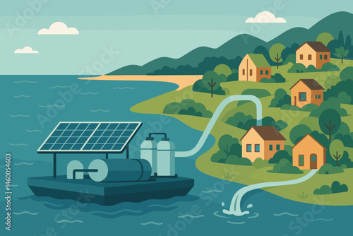 A flat landscape featuring hydro-solar elements, PV rafts, a desalination unit, and bamboo huts