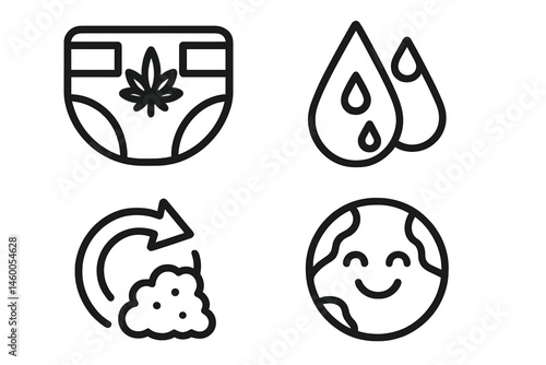 Icons representing eco-friendly diapers are formed by combining symbols of a diaper, a droplet, an arrow, and a badge