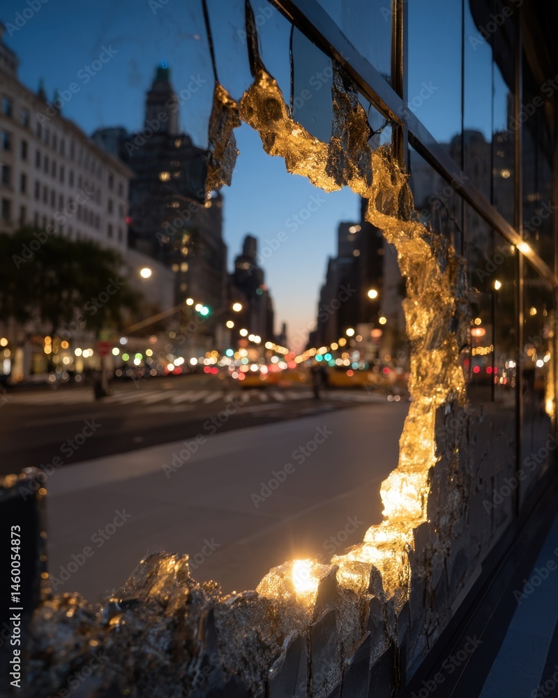 Fototapeta premium Large shattered window with jagged gold fracture framing blurred cityscape at twilight