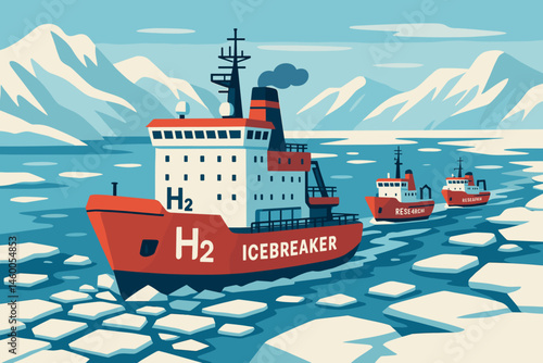 The scene depicts a flat, clean-shipping area with an H₂ icebreaker, a research vessel, and scattered ice floes