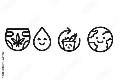 Icons representing eco-friendly diapers are depicted with a smiling face, an arrow, and a badge