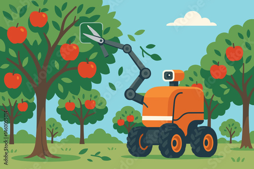 The scene depicts a flat agricultural robot surrounded by pruning arms, rows of apples, and a clear blue sky