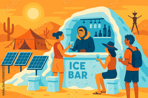 The scene is a flat cool-tech setting that features snow blocks, solar chillers, and desert tents