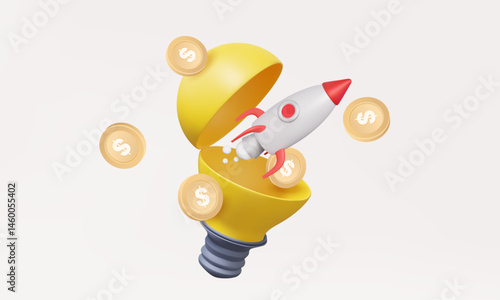 Open yellow light bulb rocket launch investment trade startup target creative idea technology invention new innovation in future education finance budget money support product. 3d vector illustration