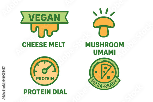 The icons of plant and pizza are merging with a ribbon, spark, dial, and badge