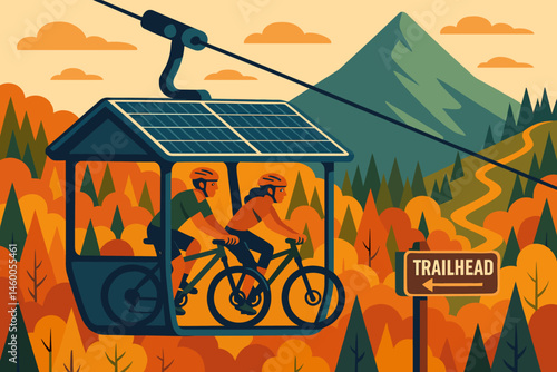 The scene depicts a flat area with eco-friendly transportation options, including cabins powered by photovoltaics, bicycles, and a canopy that is orange in color