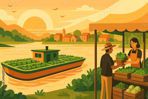 The ag-tech landscape is flat and features barge towers, green rafts, and glowing water