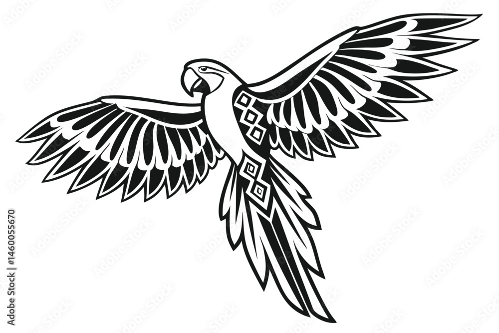 Fototapeta premium 64 Black and white illustration, stylized parrot, macaw silhouette, spread wings, tribal design, symmetrical bird artwork, graphic tattoo style, bold contrast, minimalist avian form, feather details,