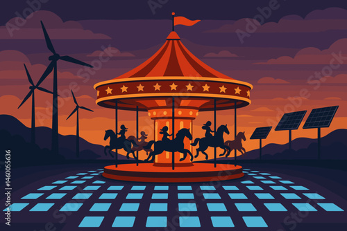 The scene is a flat, carnival-green setting that features carousel horses, piezo lights, and a dusk sky