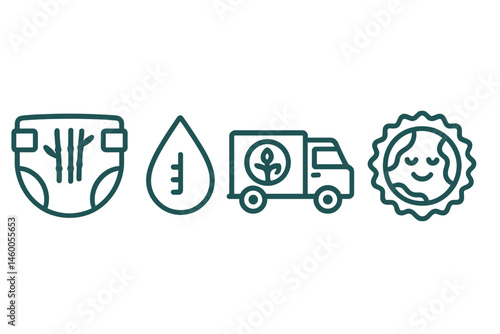 Icons representing eco-friendly diapers display images of a diaper, sensor, van, and badge